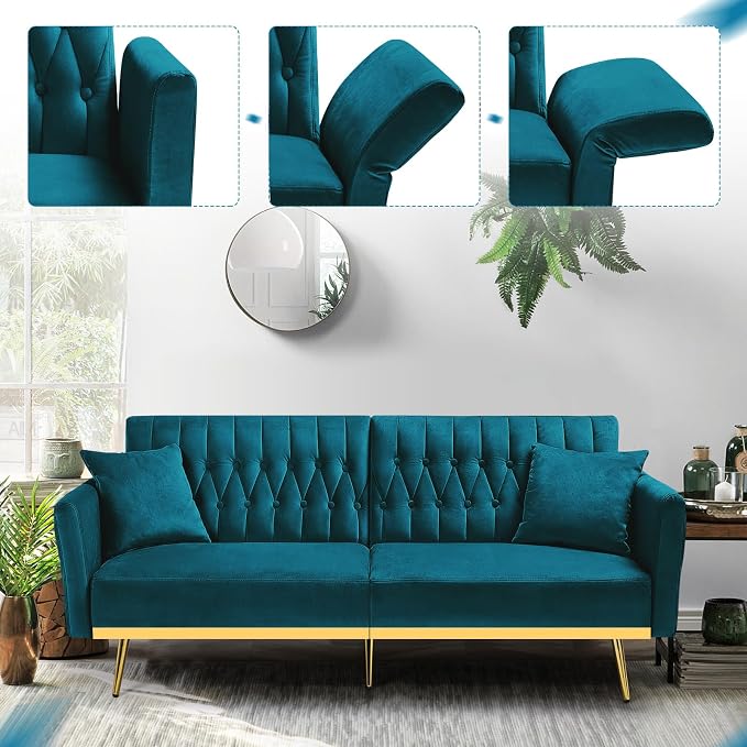 70” Velvet Futon Sofa Bed w/Adjustable Armrests and Backrest, Convertible Futon - Image 5