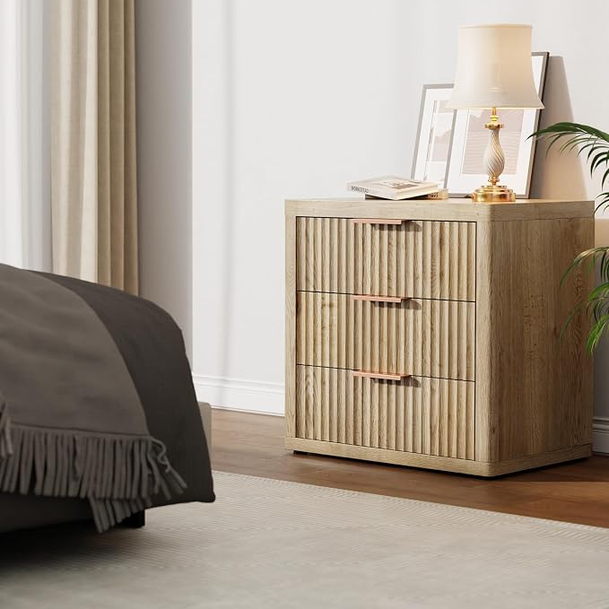 Fluted Nightstand with 3 Drawers, Tall Bed Side Table with Metal Handle - Image 8