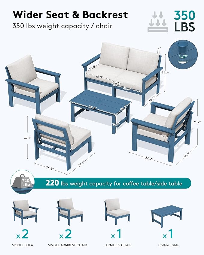 SERWALL HDPE Patio Conversation Set, 6-piece Sectional Outdoor Furniture Set - Image 2