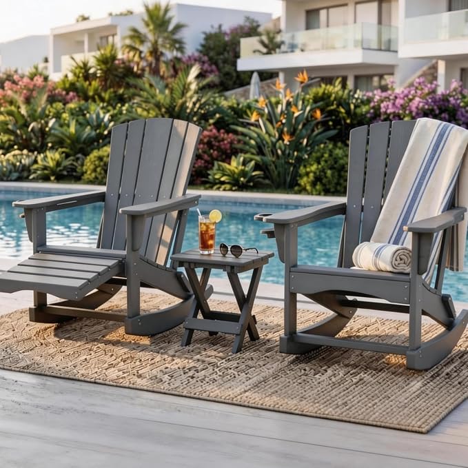 Adirondack Rocking Chair with Retractable Ottoman, Outdoor Folding Adirondack - Image 2