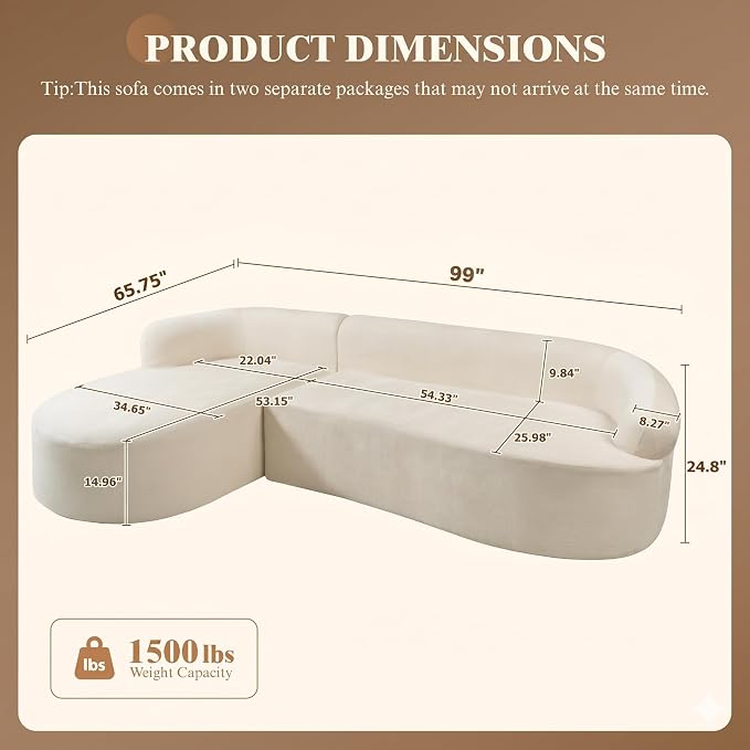 99" Curved Sectional Sofa with Chaise, Modern Boneless Couch with Deep Seat - Image 2