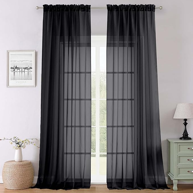 Lecloud Black Sheer Curtains 120 Inches Long 2 Panels, Balance Light & Privacy by Lecloud