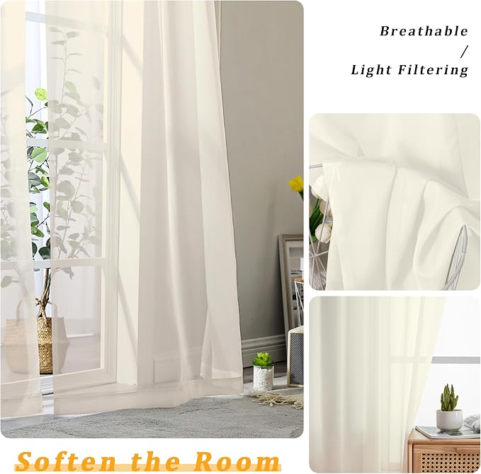 Gwine Cream Sheer Curtains for Bedroom 54 inches Long 2 Panels, Light Filtering - Image 3