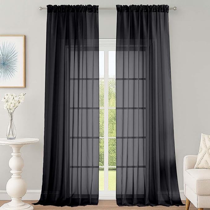 OWENIE Extra Long Black Sheer Curtains 144 inch 2 Panels Set, Translucent by OWENIE