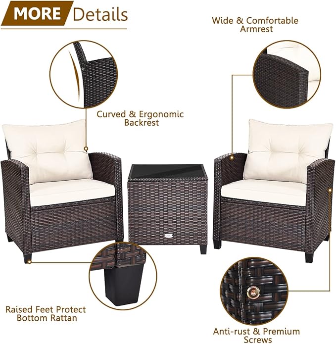 COSTWAY 3PCS Patio Furniture Set, PE Rattan Wicker Sofa w/Washable Cushion and - Image 9