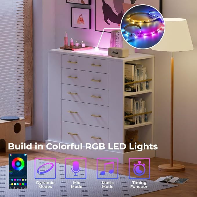 Drawer Dresser with LED Lights and Open Shelves, Modern Tempered Glass Top - Image 3