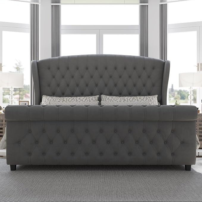 AMERLIFE King Size Platform Bed Frame, Velvet Upholstered Sleigh Bed - Image 3