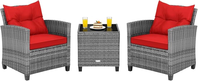 COSTWAY 3PCS Patio Furniture Set, PE Rattan Wicker Sofa w/Washable Cushion and by COSTWAY