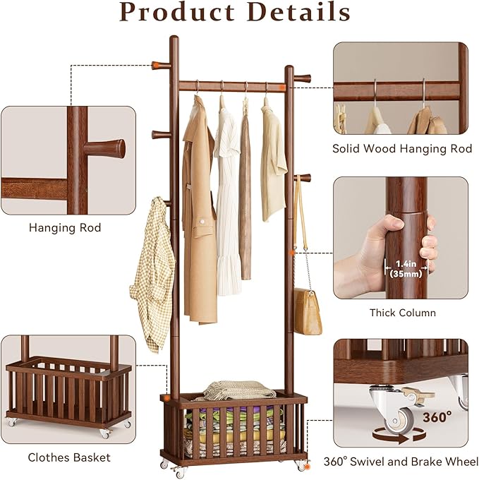 Taitiy Solid Wood Coat Rack Clothes Rack, Coat Rack Freestanding - Image 4