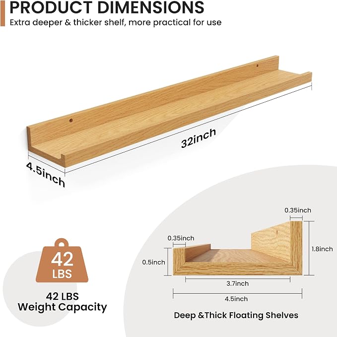 Fun Memories Picture Ledge Shelves Set of 2, 32 Inch Rustic Wall Mounted - Image 3
