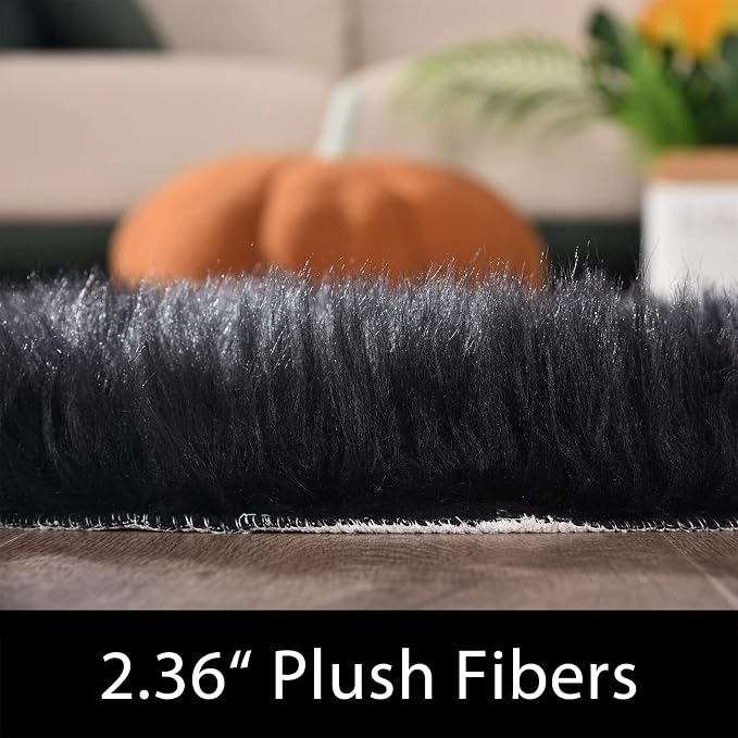 Latepis Black Furry Rugs for Bedroom Circle Faux Sheepskin Fur Rug Fluffy Round - Image 2