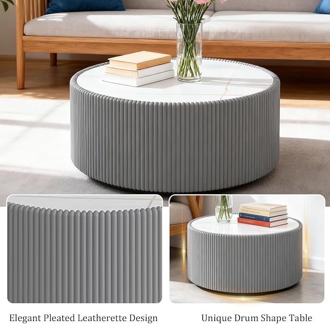 SSLine Round Drum Coffee Table Modern Sintered Stone Top Coffee Table in Grey - Image 5