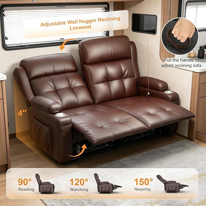 Reclining Loveseat, 55.1" RV PU Leather Wall Hugger Recliner Love Seats Sofa - Image 4