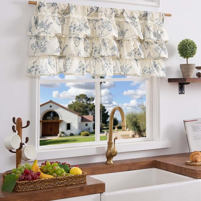 jinchan Ruffled Valance Curtain Linen Floral Kitchen Valance 18 Inch Shabby - Image 2