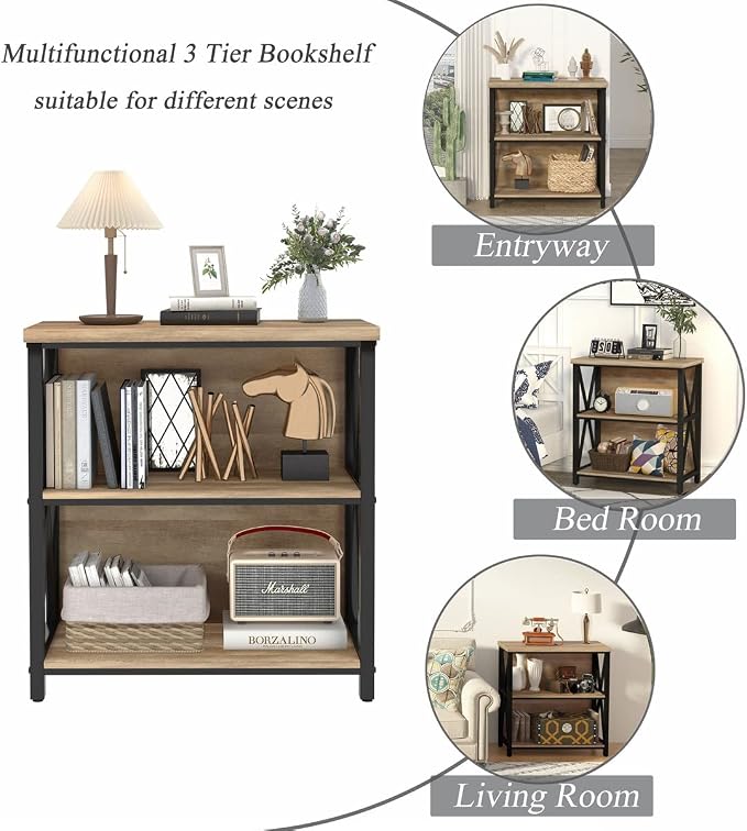 FATORRI Small Bookcase, Wood and Metal Low Short Bookshelf, Industrial Book - Image 4
