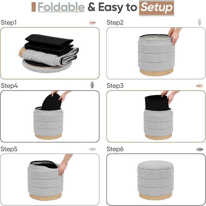 Round Storage Ottoman with Reversible Tray Lid, Folding Chenille Fabric - Image 7