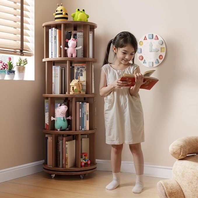 Muwuele Solid Wood Rotating Bookshelf on Wheels, 4 Tier, Round Revolving - Image 3