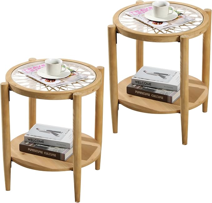 RUSTOWN Rattan Nightstands Set of 2, Boho Wood Round Side Tables, 2-Tier - Image 9
