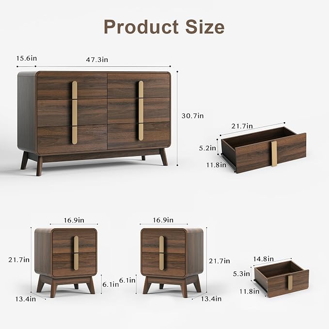 JOINICE Mid Century Modern Bedroom Set, 6 Drawer Dresser and Nightstand Sets - Image 2