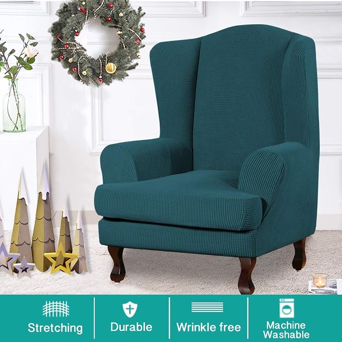 Turquoize Wingback Chair Covers 2 Piece Wing Chair Slipcover Stretch Slipcovers - Image 2