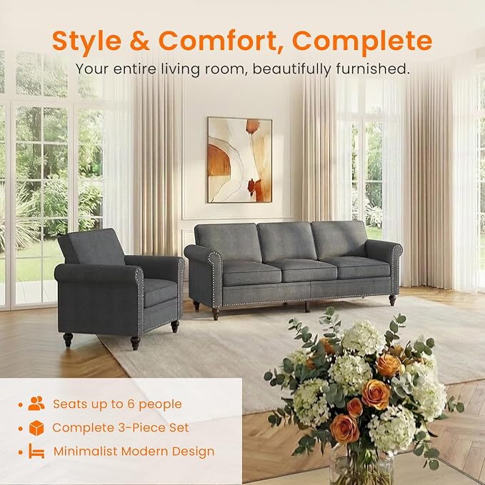 2 Piece Living Room Sofa Sets, Modern 3 Seater Sofa and Armchair Sets, Linen - Image 3