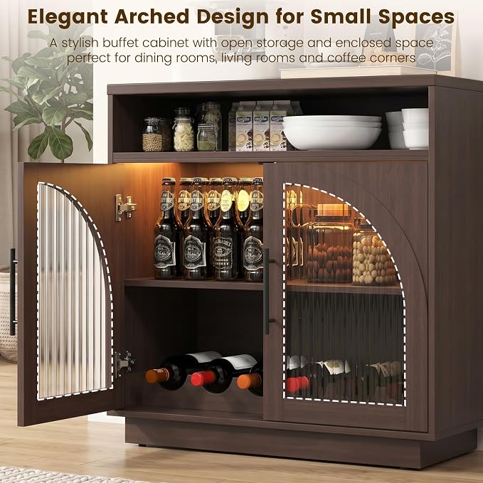 Sideboard Buffet Cabinet with Storage, Wine Bar Cabinet with Arched Glass Doors - Image 3