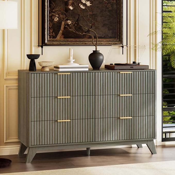 VINGLI Fluted Grey Dresser 6 Drawer Gray Dresser - Image 6