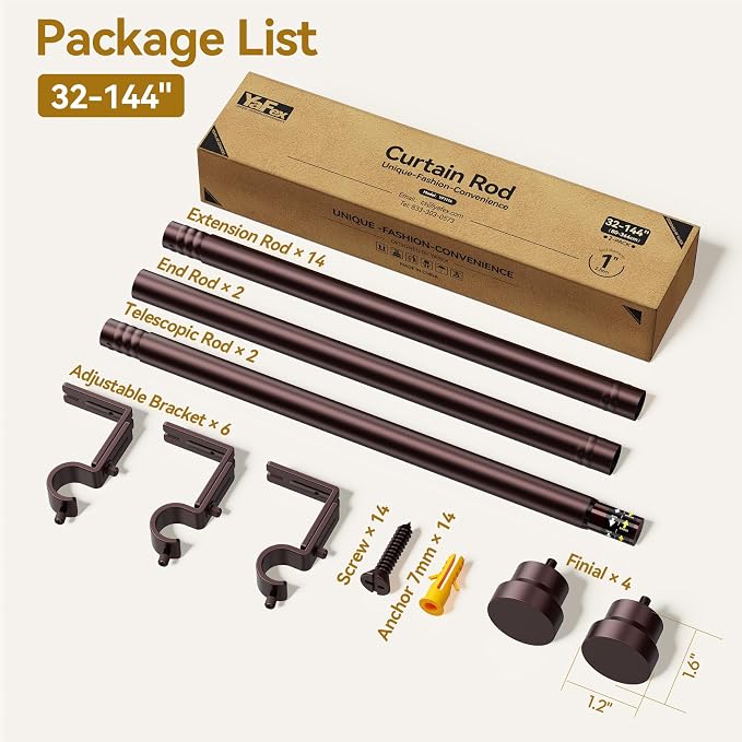 YaFex Curtain Rods 2 Pack 32-144 Inch, Heavy Duty 1 Inch Curtain Rod, Bronze - Image 7