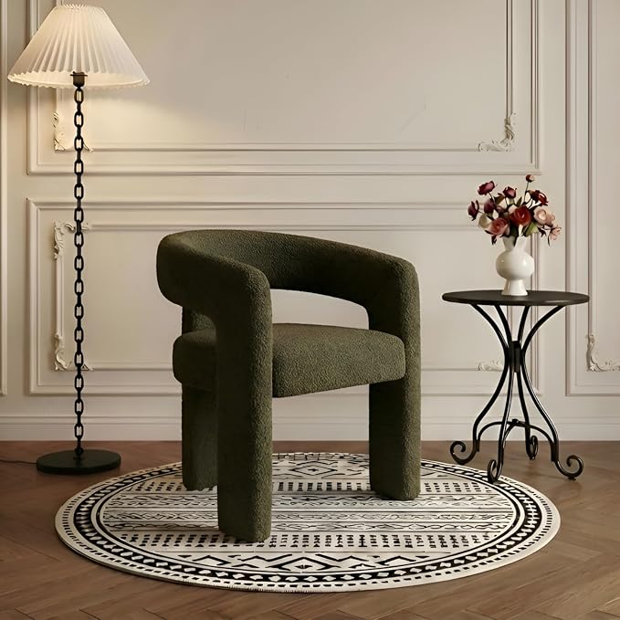 Modern Sherpa Barrel Dining Chair Upholstered Faux Fur Dining Room Chair by QUINJAY