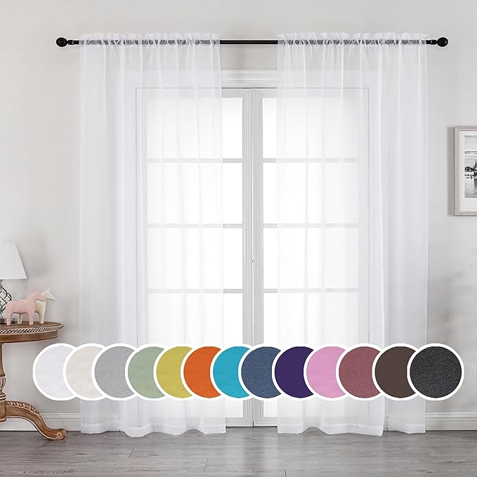 OWENIE White Sheer Curtains 72 Inches Long 2 Panels, Transparent Voile Sheer by OWENIE