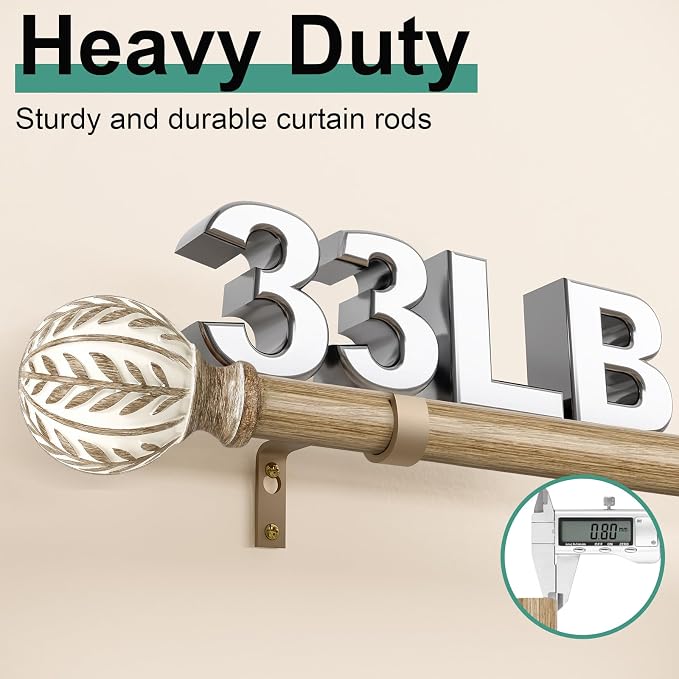 QDWIS Boho Wood Curtain Rods for Windows 72 to 144 inch, Rustic Decorative - Image 4