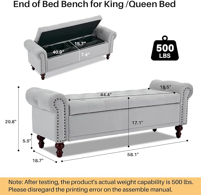 SOFTHION 58.1" Storage Bench Upholstered Velvet End of Bedroom Bed Bench Ottoman - Image 2