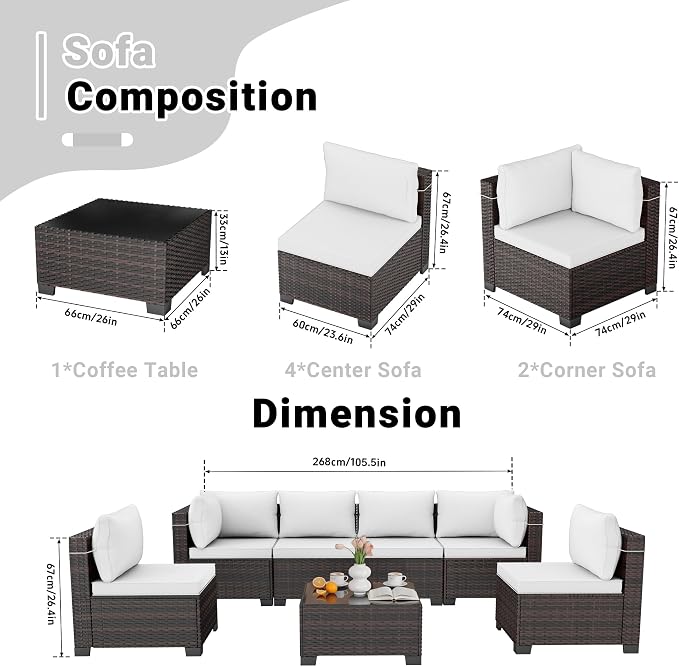 CHABATREE 7pcs Outdoor Patio Furniture Sets, Rattan Conversation Sectional Set - Image 2