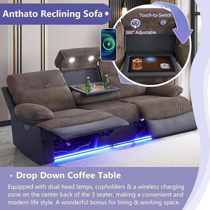 Fabric Power Reclining Sofa Set, Living Room Furniture Sets, Recliner Loveseat - Image 3