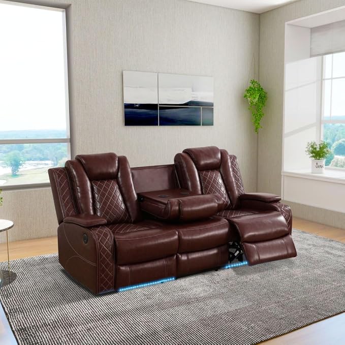 Power Recliner Sofa Set with LED, Leather Reclining Sofa Set, Living Room - Image 5