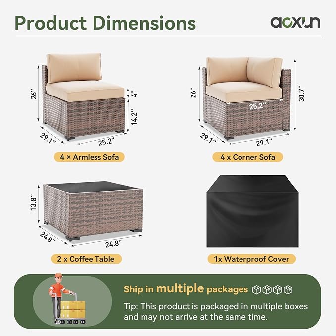Aoxun 10 Piece Patio Furniture Set Wicker Rattan Patio Sectional Sofa Set - Image 3