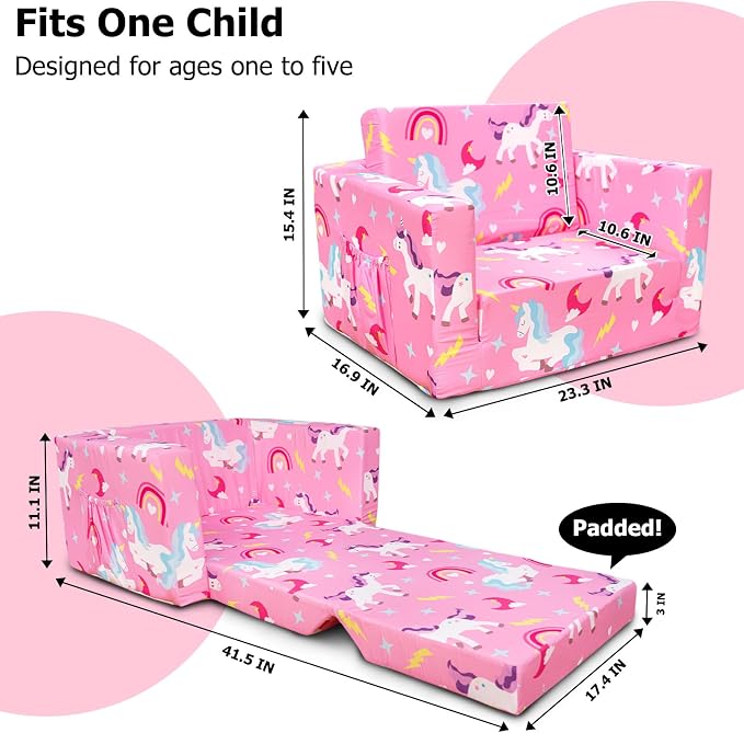 Kids Couch, 2-in-1 Kids Fold Out Couch, Convertible Sofa to Lounger - Image 2