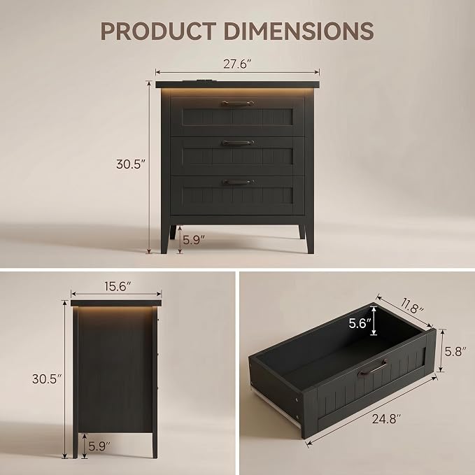 GarveeLife 3 Dresser Drawer for Bedroom, 27.6" Wide Wood Bedside Table for - Image 2