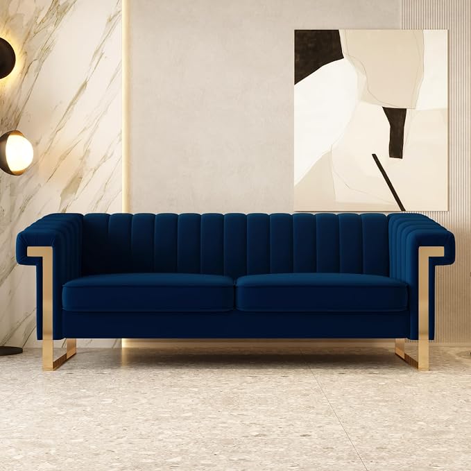 Mid-Century Modern Blue Velvet Sofa by yunqishiHOME