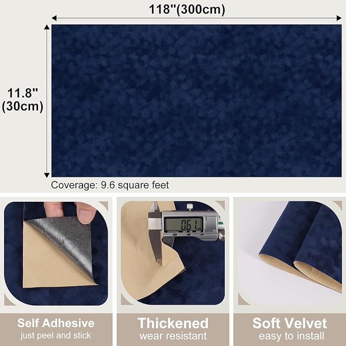 Navy Blue Curshed Velvet Wallpaper Self Adhesive Felt Fabric - Image 7
