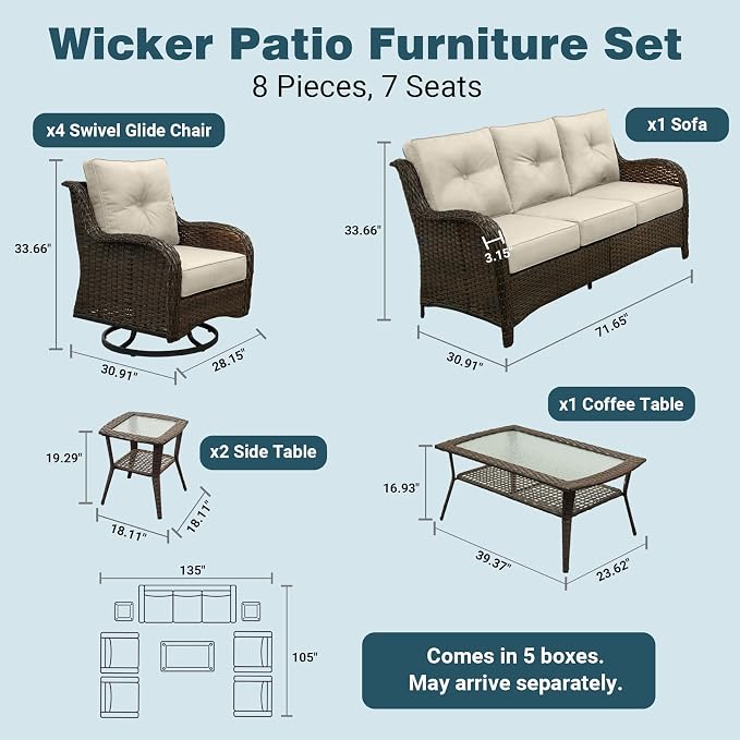 Patio Furniture Set, High Back Rattan Sofa & Swivel Rocker Chairs, Weather - Image 6