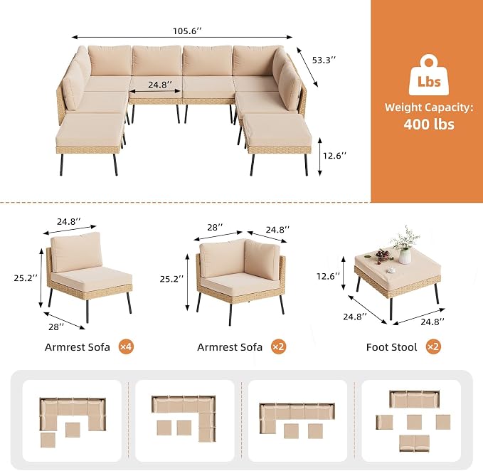 Aoxun 8-Piece Patio Furniture Set, Wicker Outdoor Furniture - Image 2