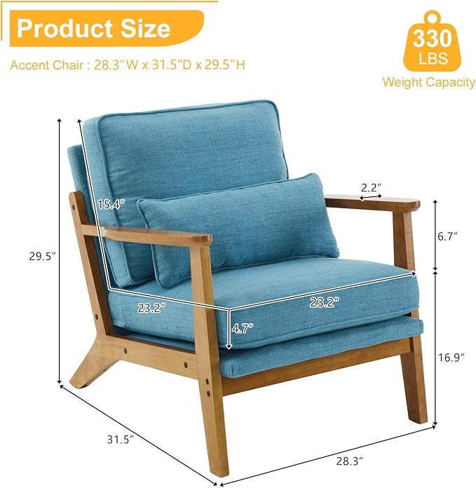 Karl home Accent Chair Wide Armrest Mid-Century Lounge Chair Linen Fabric - Image 2