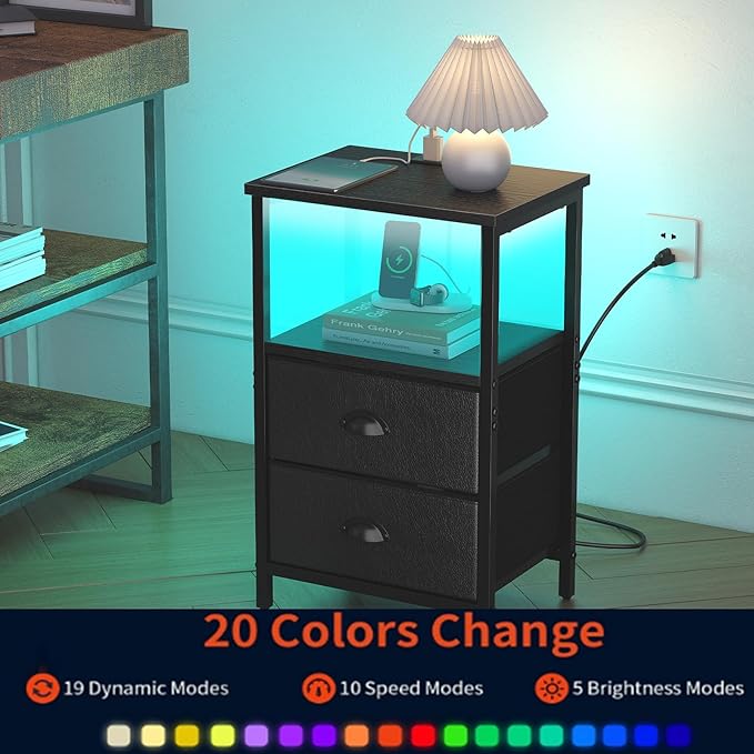 sthmec Nightstand with Charging Station, Night Stand with 2 Fabric Drawers PU - Image 5