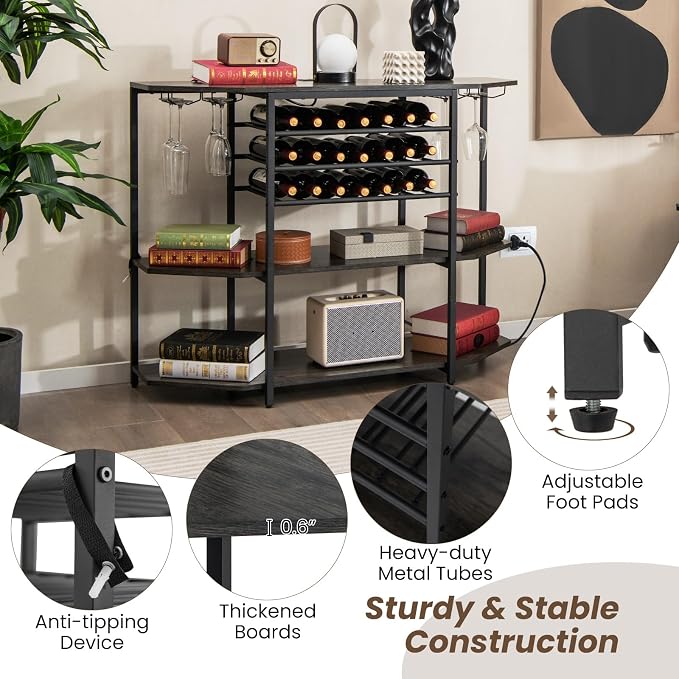 COSTWAY Wine Bar Cabinet, 3-Tier Liquor Cabinet - Image 6