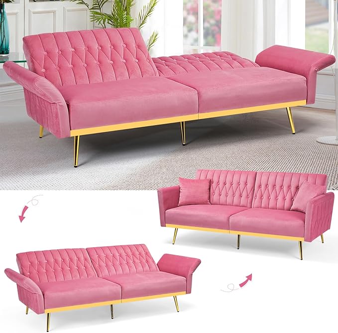 70” Velvet Futon Sofa Bed with 2 Pillows and Adjustable Armrests, Convertible - Image 4