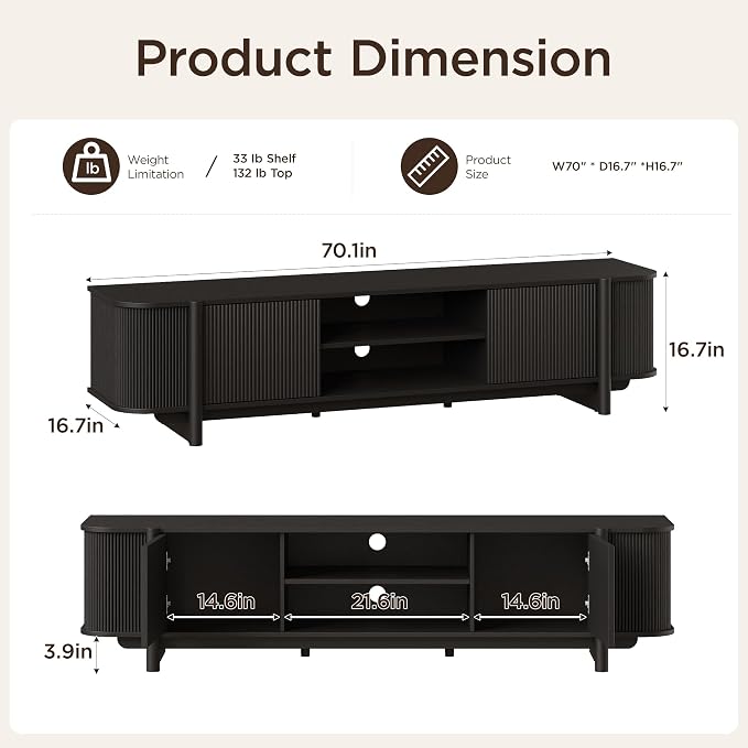 Vabches 70" Mid Century TV Stand - Image 2