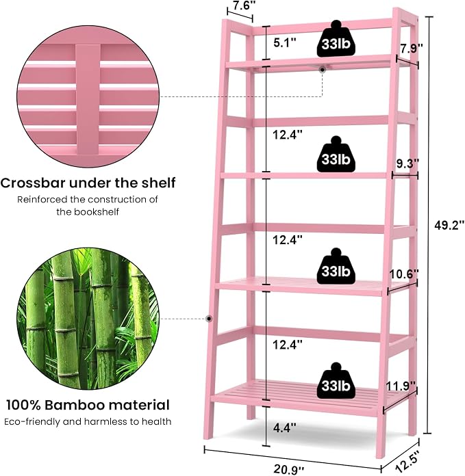Homykic Bamboo Ladder Bookshelf, 4-Tier Ladder Shelf Open Book Shelf - Image 3