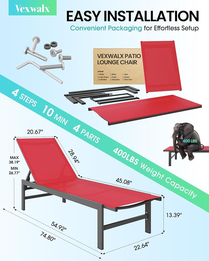 Vexwalx Outdoor Lounge Chair for Pool, Aluminum Chaise Lounge Chairs - Image 3