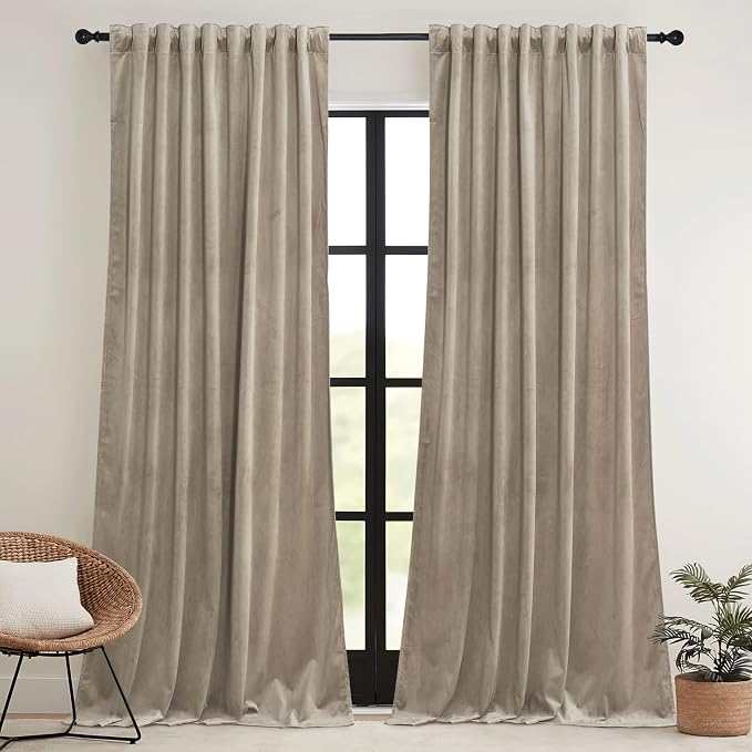 RYB HOME Camel Beige Velvet Curtains 84 inch, Room Darkening Window Curtains - Image 2